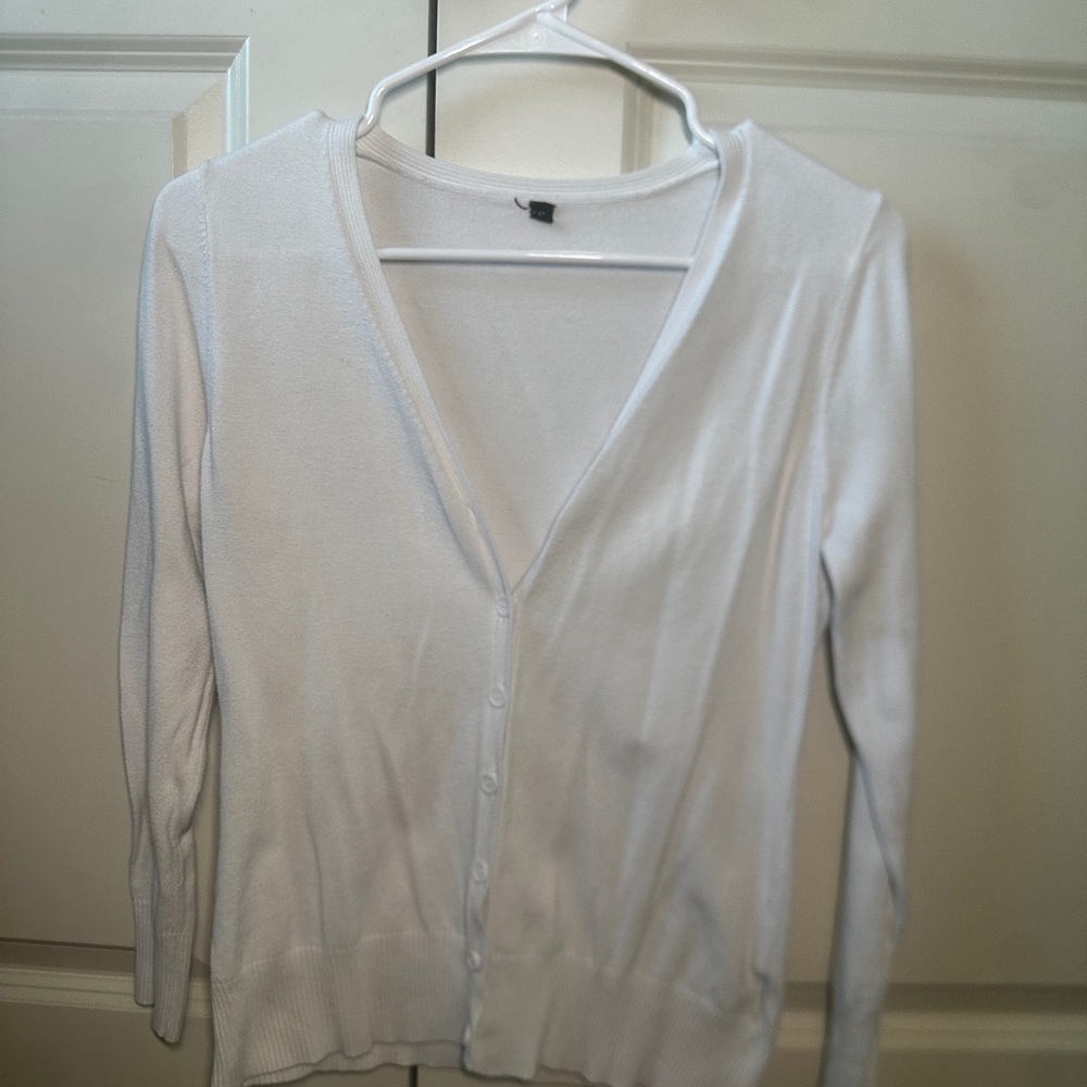 White V-Neck Button-Up Women's Sweater